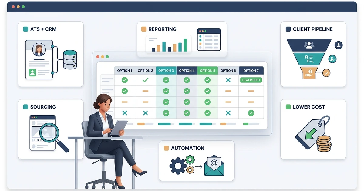 Recruitly alternatives comparison framework for ATS, CRM, reporting, sourcing, automation, client pipeline, and lower cost