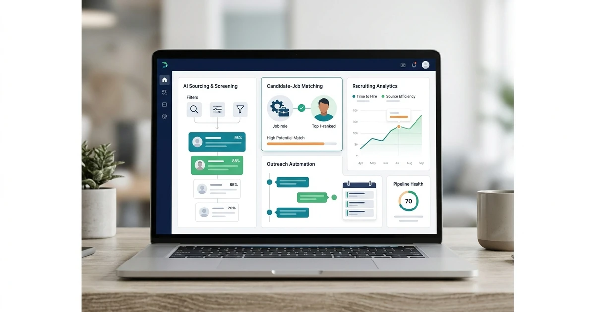 Compare AI hiring software for agencies, covering sourcing, screening, matching, outreach, reporting, and CRM-connected recruitment automation.