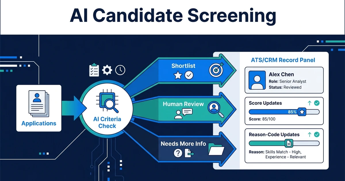 Score applications against role criteria, keep humans on final shortlist calls, and write results back to your ATS so hiring moves without retyping every CV.