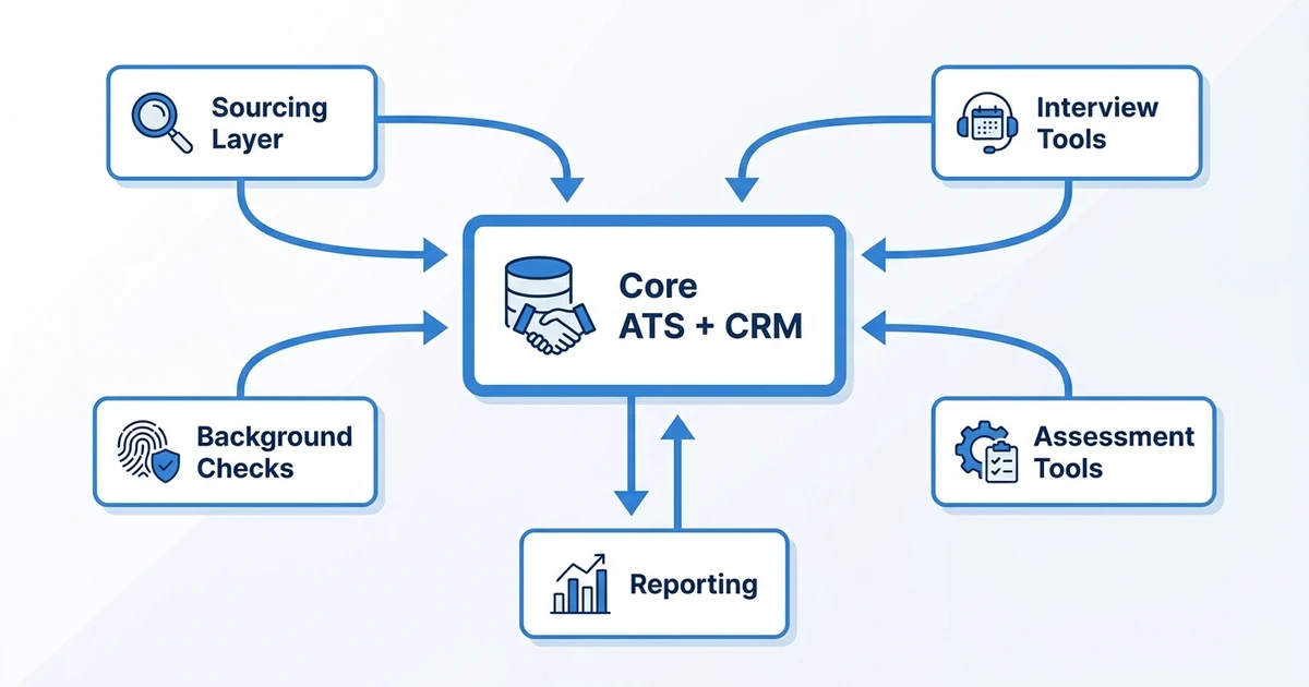 Core ATS + CRM, Sourcing Layer, Interview Tools, Assessment Tools, Background Checks, Reporting