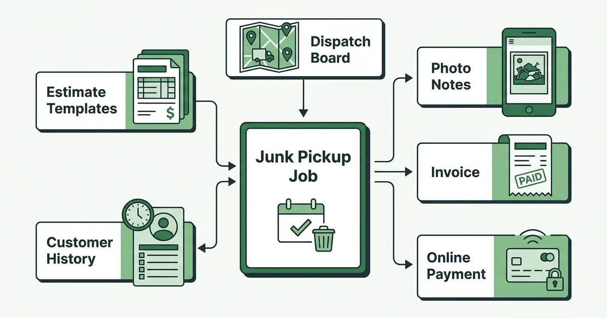 Estimate Templates, Dispatch Board, Photo Notes, Invoice, Online Payment, Customer History