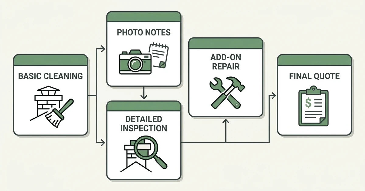 Basic Cleaning, Photo Notes, Detailed Inspection, Add-On Repair, Final Quote