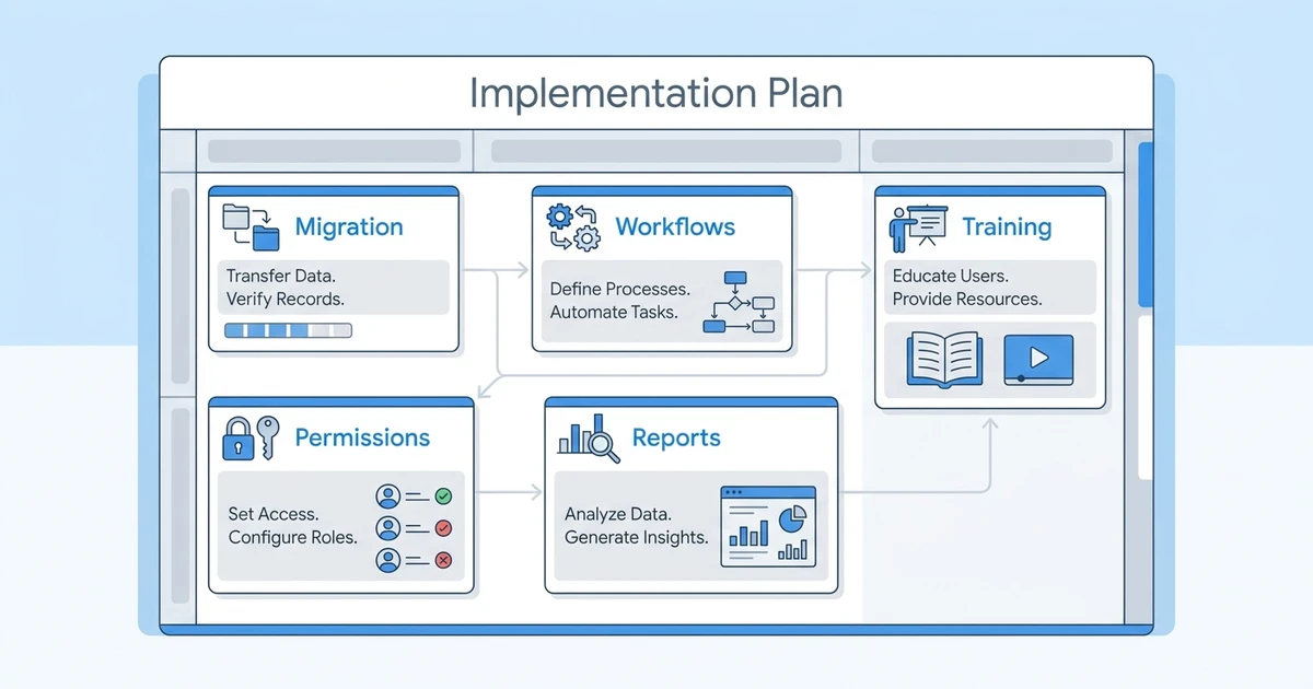 Implementation Plan, Migration, Workflows, Training, Permissions, Reports