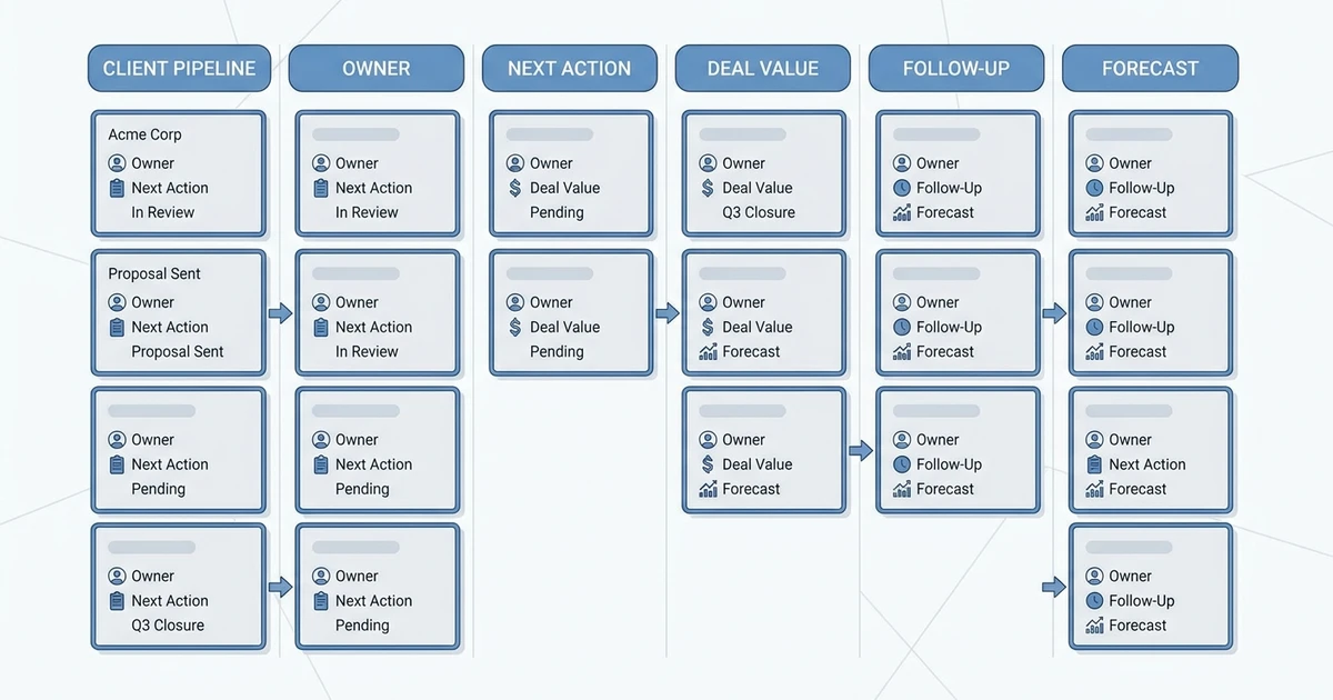 Client Pipeline, Owner, Next Action, Deal Value, Follow-Up, Forecast