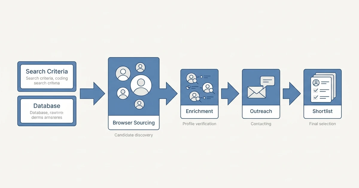 Search Criteria, Database, Browser Sourcing, Enrichment, Outreach, Shortlist