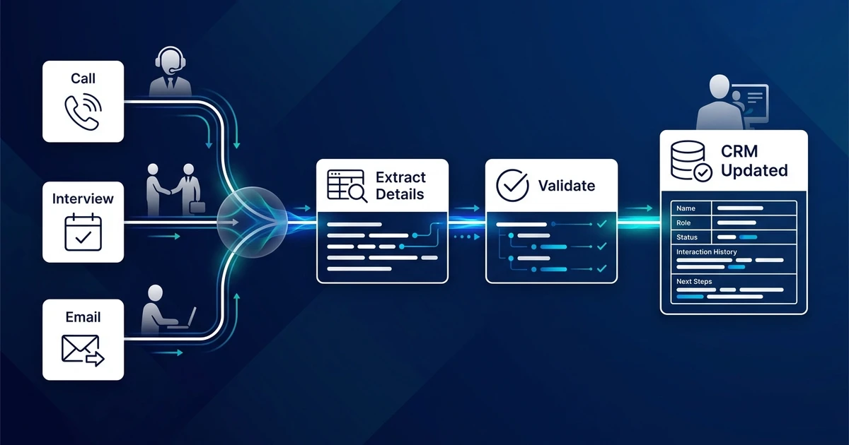 Chamada, Entrevista, E-mail, Extrair Detalhes, Validar, CRM Atualizado