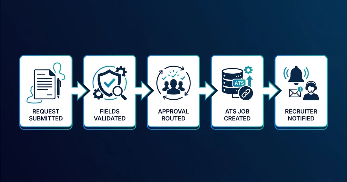 Request Submitted, Fields Validated, Approval Routed, ATS Job Created, Recruiter Notified