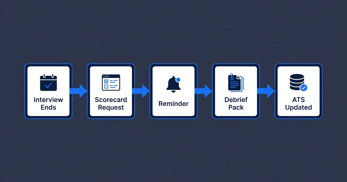 Interview Ends, Scorecard Request, Reminder, Debrief Pack, ATS Updated