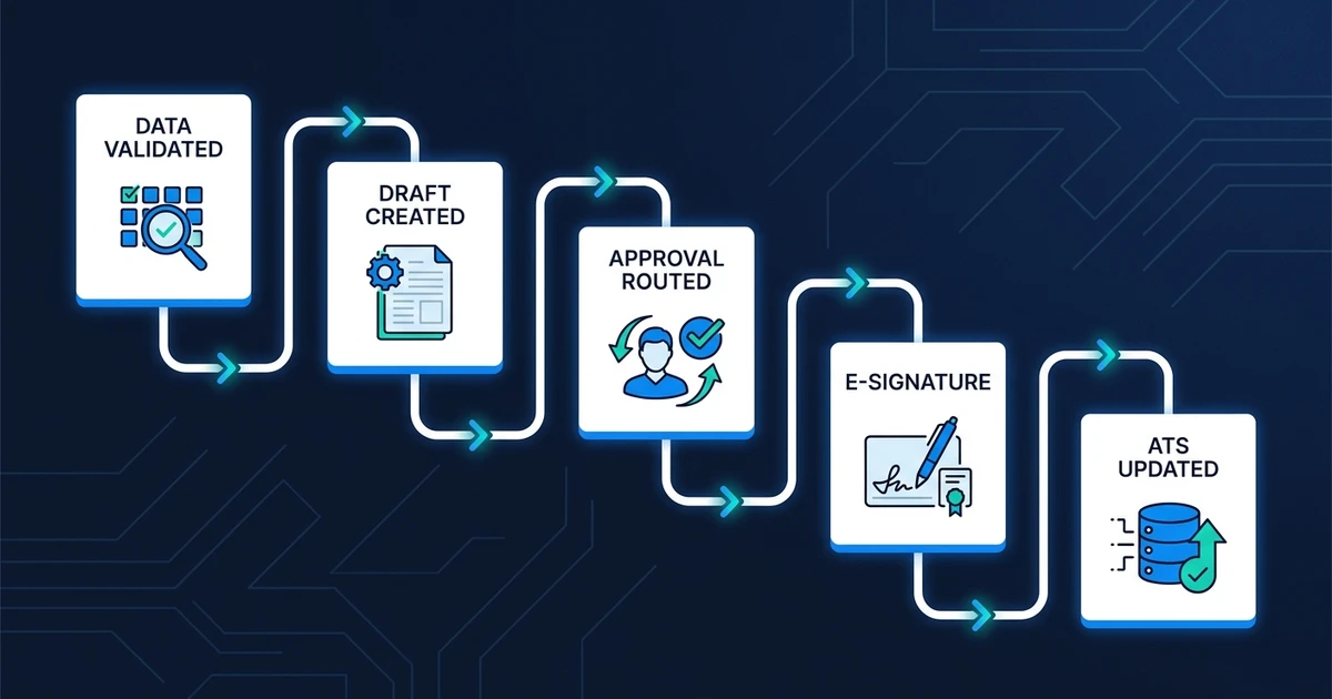 Data Validated, Draft Created, Approval Routed, E-signature, ATS Updated
