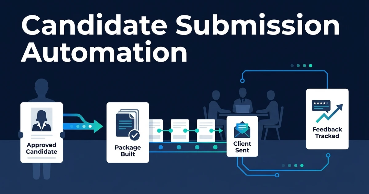 Candidate submission automation builds client-ready packages with the right resume, context, consent, approvals, delivery, and feedback tracking.