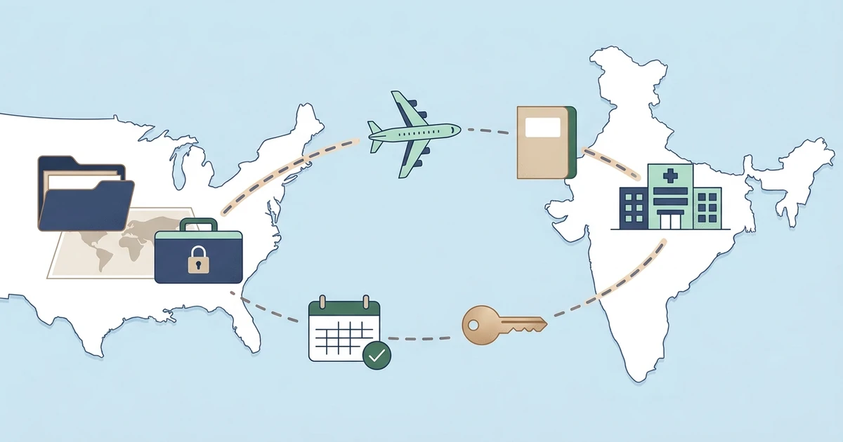 A USA-to-India medical travel guide covering clinician coordination, records, visas, insurance, long-haul planning, discharge, and follow-up.