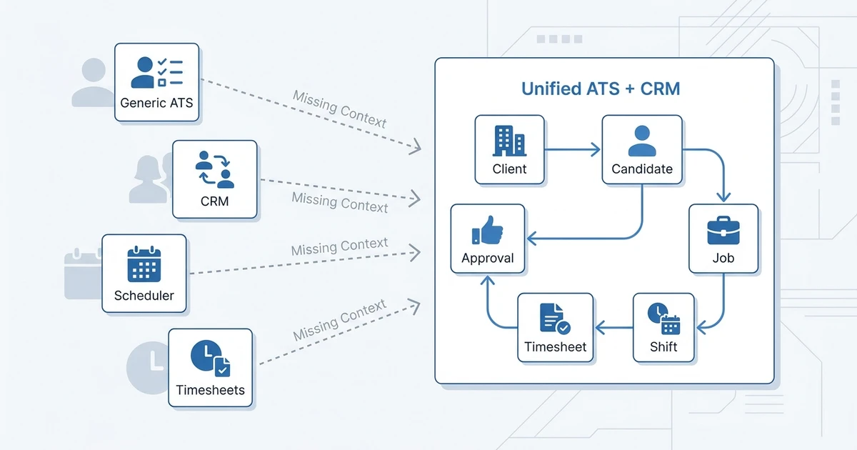 Temp staffing software comparison showing disconnected tools versus a unified ATS and CRM workflow