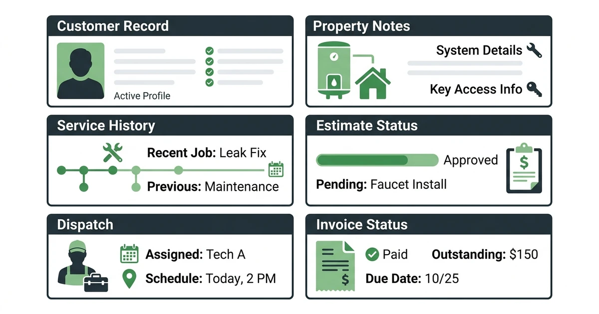 Customer Record, Property Notes, Service History, Estimate Status, Dispatch, Invoice Status
