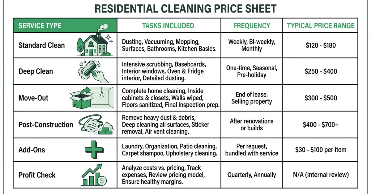Standard Clean, Deep Clean, Move-Out, Post-Construction, Add-Ons, Profit Check