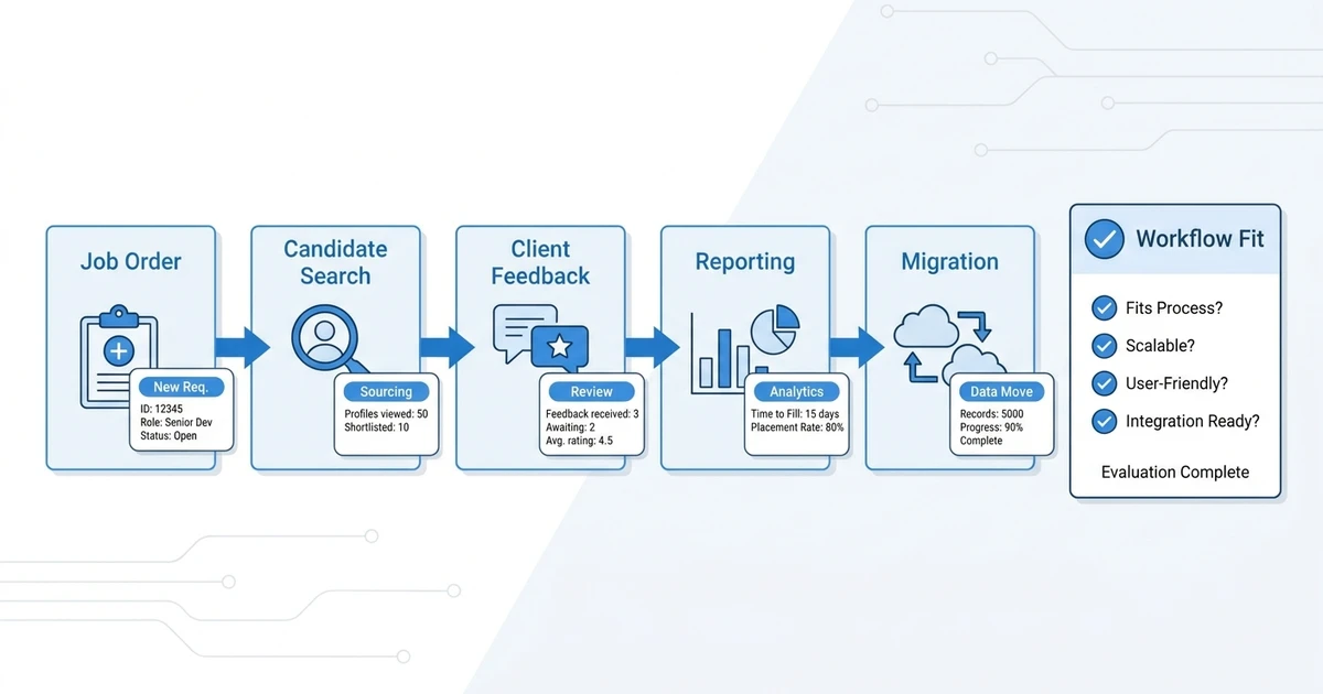 Job Order, Candidate Search, Client Feedback, Reporting, Migration