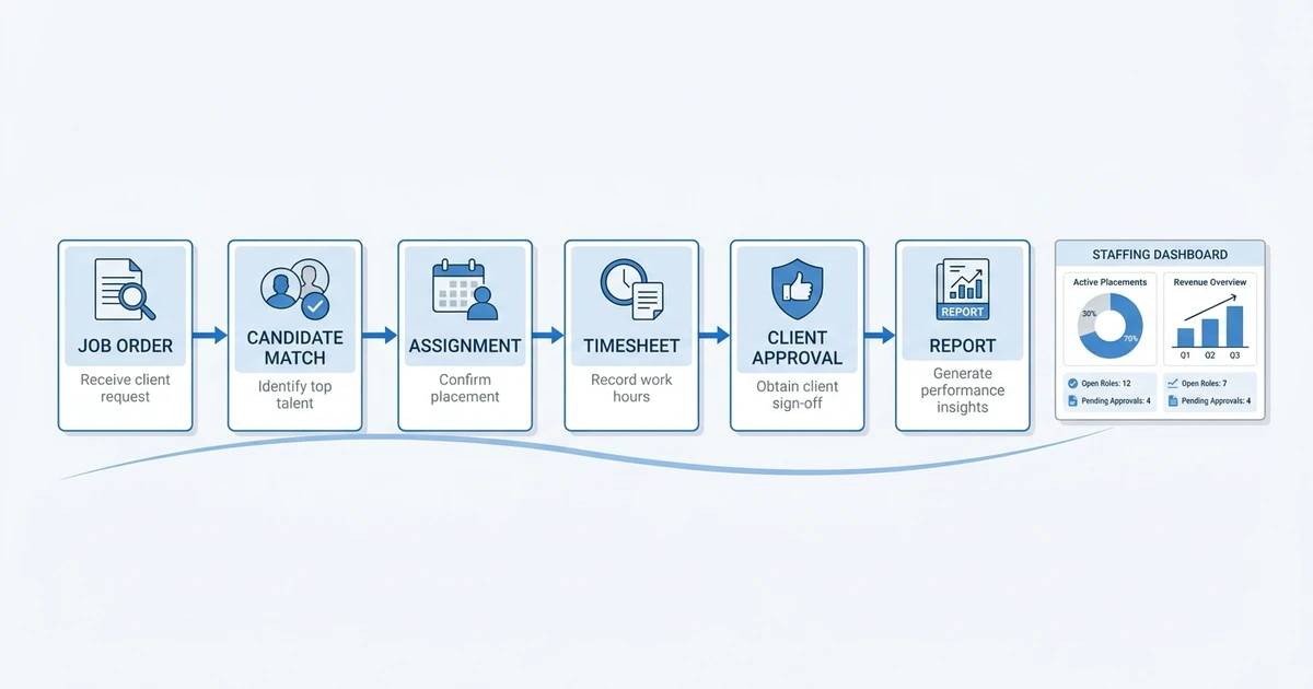 Job Order, Candidate Match, Assignment, Timesheet, Client Approval, Report