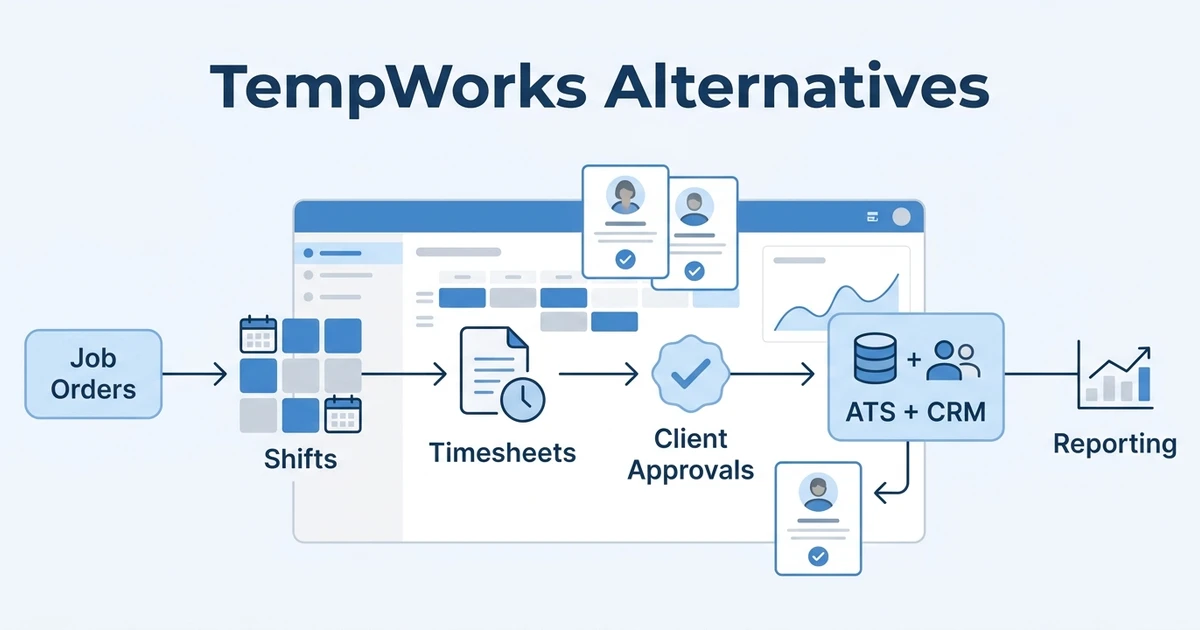 Vergelijk TempWorks alternatieven voor bureaus die moderne ATS, CRM, temp staffing workflows, urenstaten, rapportage en migratiehulp nodig hebben.