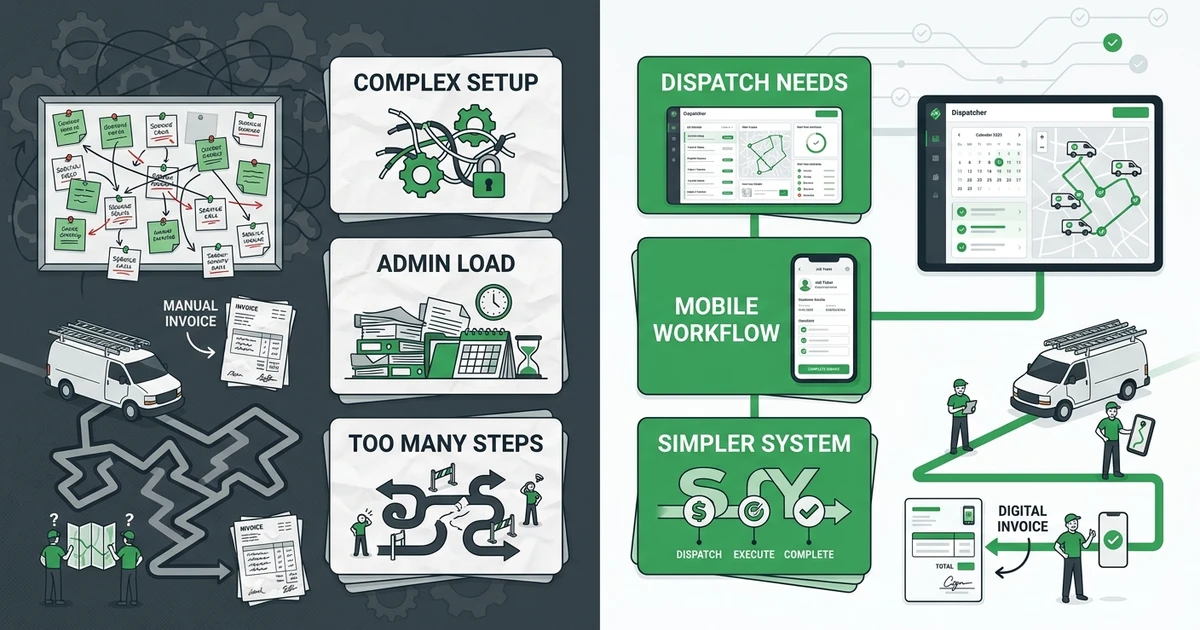 Complex Setup, Admin Load, Dispatch Needs, Mobile Workflow, Simpler System