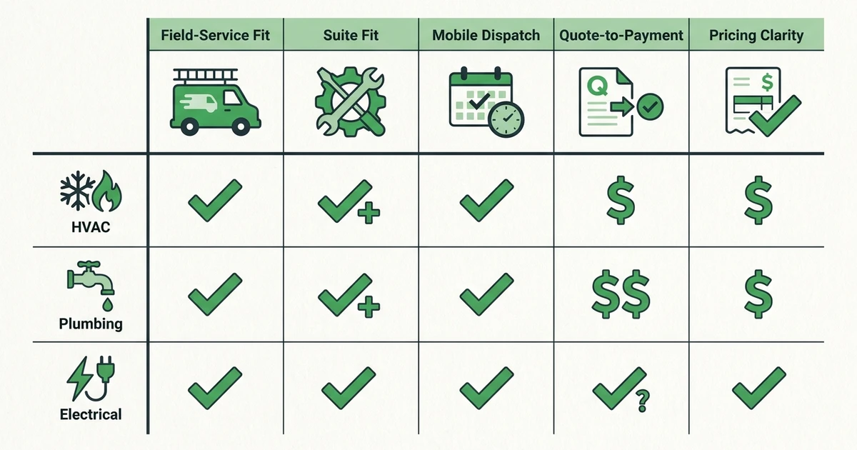 Field-Service Fit, Suite Fit, Mobile Dispatch, Quote-to-Payment, Pricing Clarity