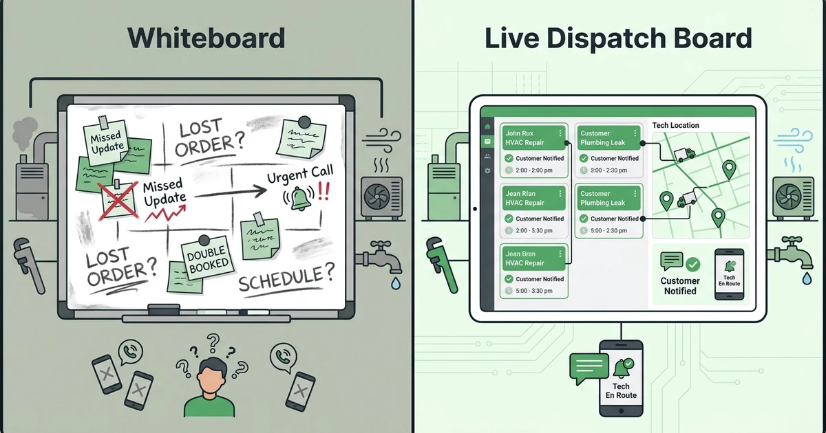 Whiteboard, Missed Update, Urgent Call, Tech Location, Live Dispatch Board, Customer Notified