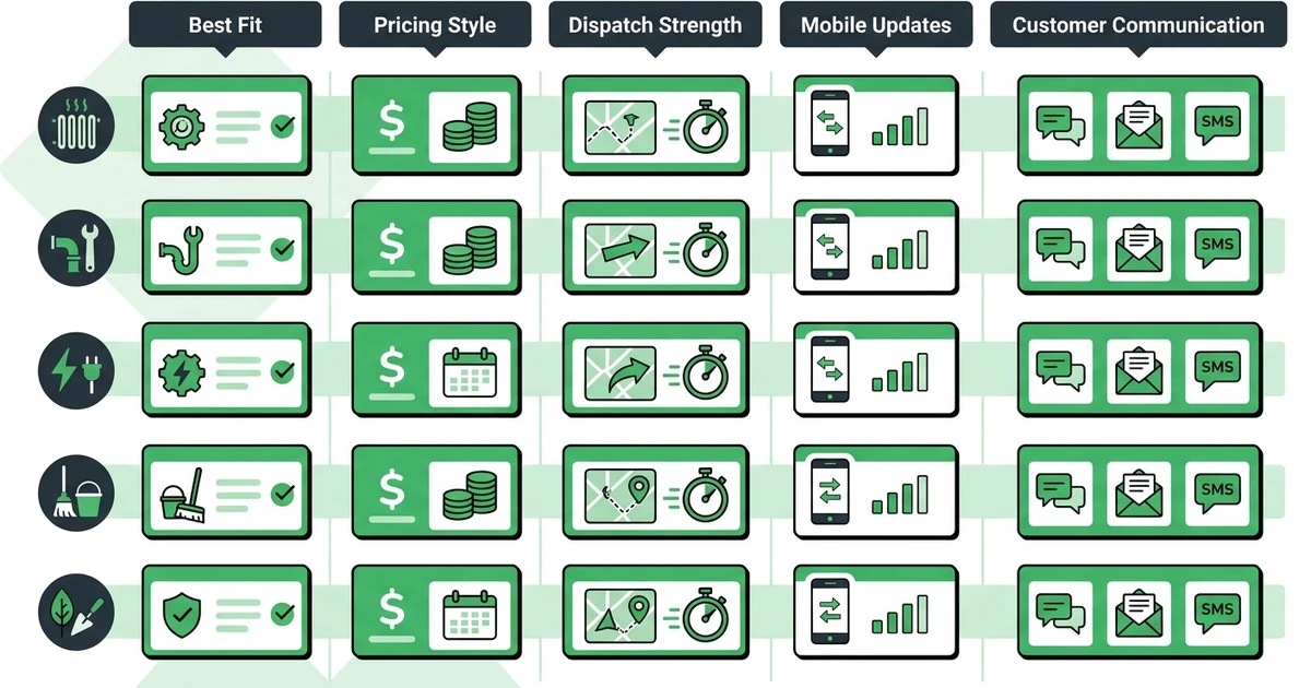 Best Fit, Pricing Style, Dispatch Strength, Mobile Updates, Customer Communication