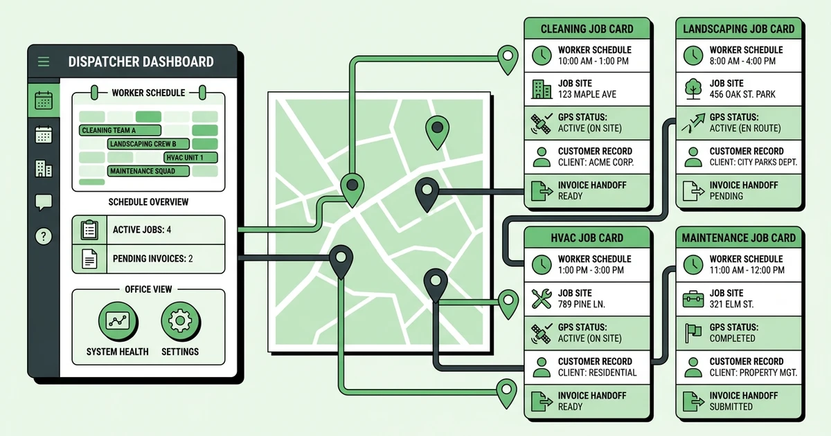 Worker Schedule, Job Site, GPS Status, Customer Record, Invoice Handoff, Office View
