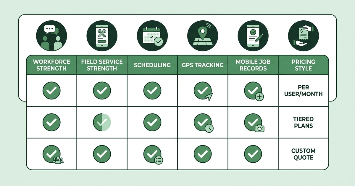 Workforce Strength, Field Service Strength, Scheduling, GPS Tracking, Mobile Job Records, Pricing Style