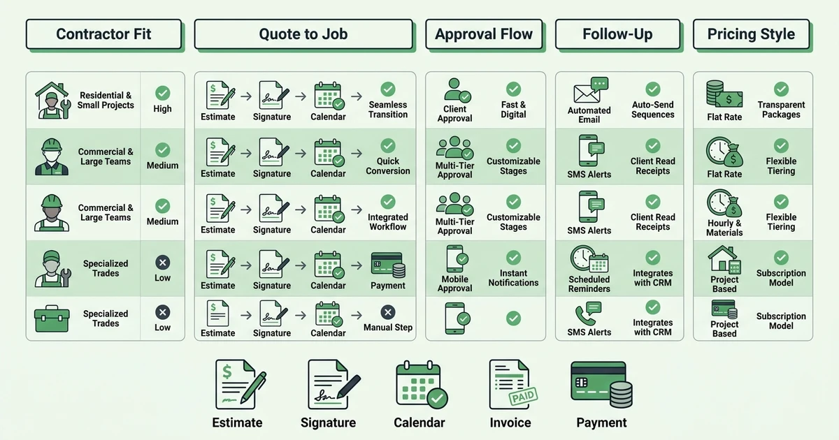 Contractor Fit, Quote to Job, Approval Flow, Follow-Up, Pricing Style