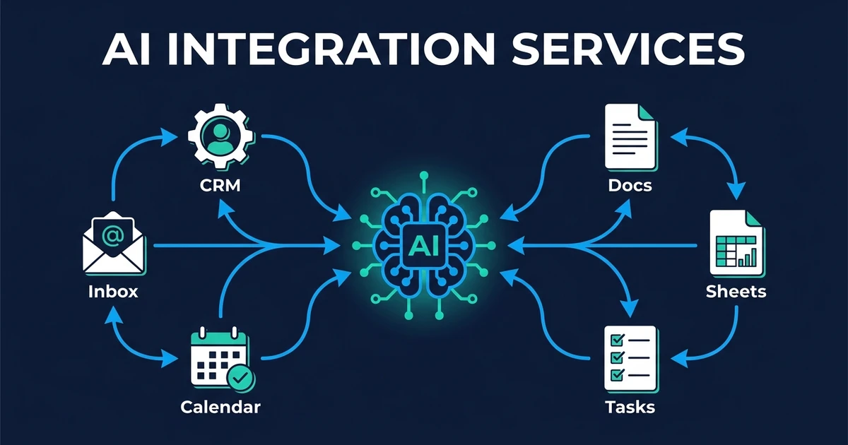 Vea cómo AI integration services conectan CRM, inbox, calendario, documentos y hojas para que el trabajo rutinario avance sin otra plataforma.