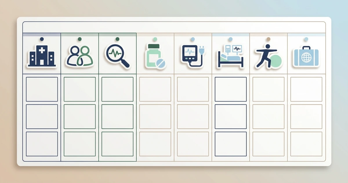 An editorial illustration of a blank quote comparison matrix with medical and travel planning icons.