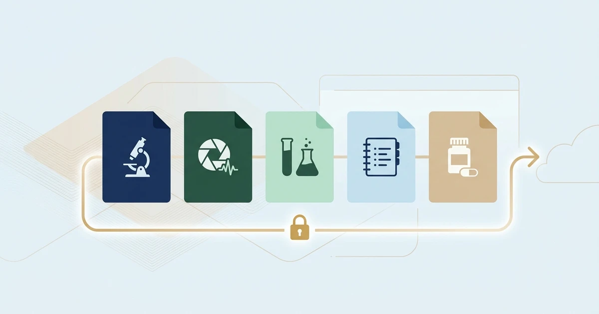 An editorial illustration of blank medical files organized for secure second-opinion review.