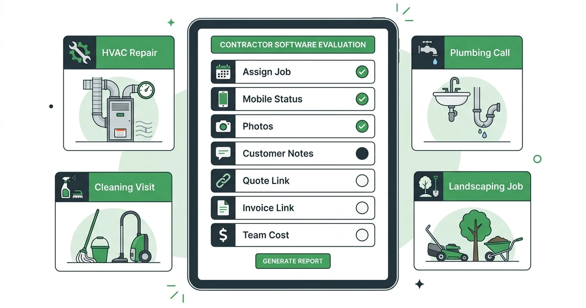 Assign Job, Mobile Status, Photos, Customer Notes, Quote Link, Invoice Link, Team Cost
