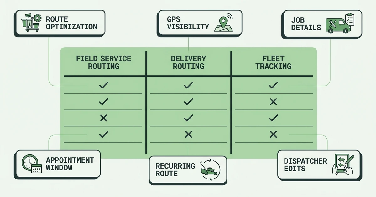 Field Service Routing, Delivery Routing, Fleet Tracking, Route Optimization, GPS Visibility, Job Details