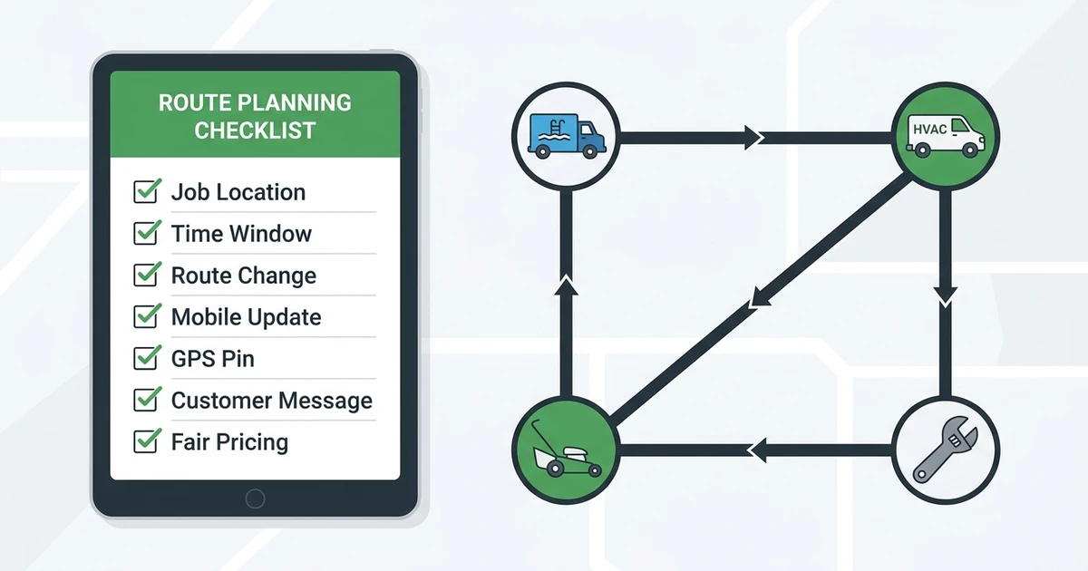 Job Location, Time Window, Route Change, Mobile Update, GPS Pin, Customer Message, Fair Pricing