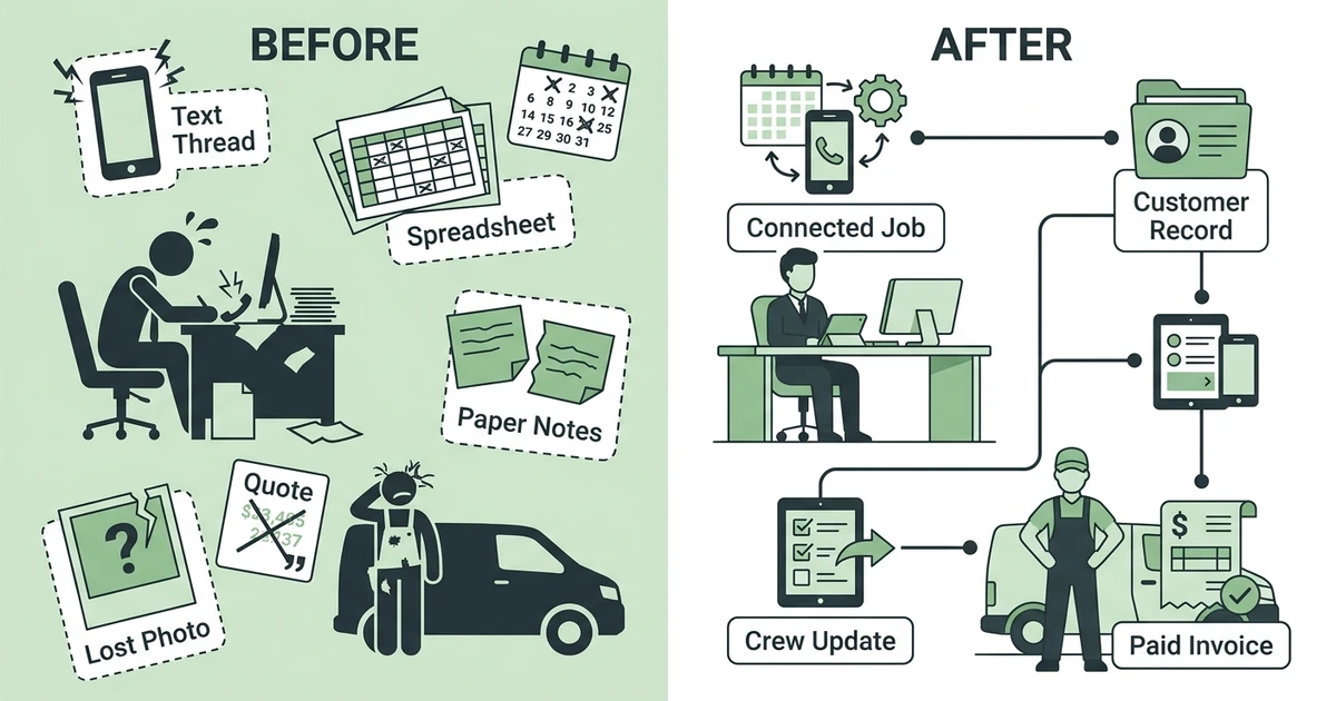 Text Thread, Spreadsheet, Paper Notes, Lost Photo, Connected Job, Paid Invoice