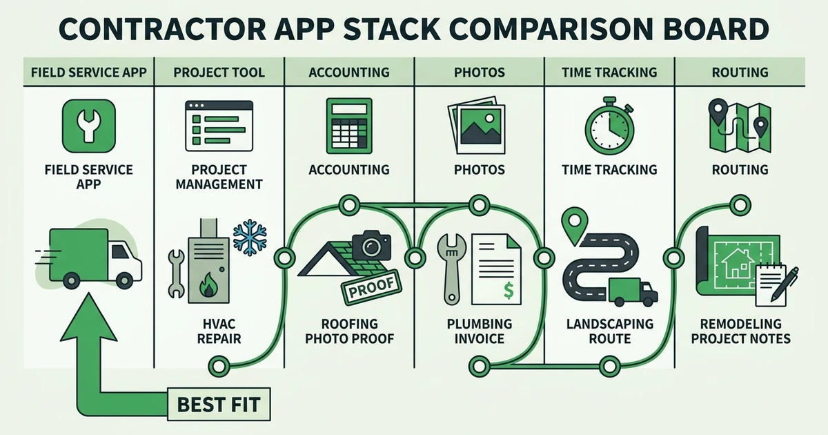 Field Service App, Project Tool, Accounting, Photos, Time Tracking, Routing, Best Fit