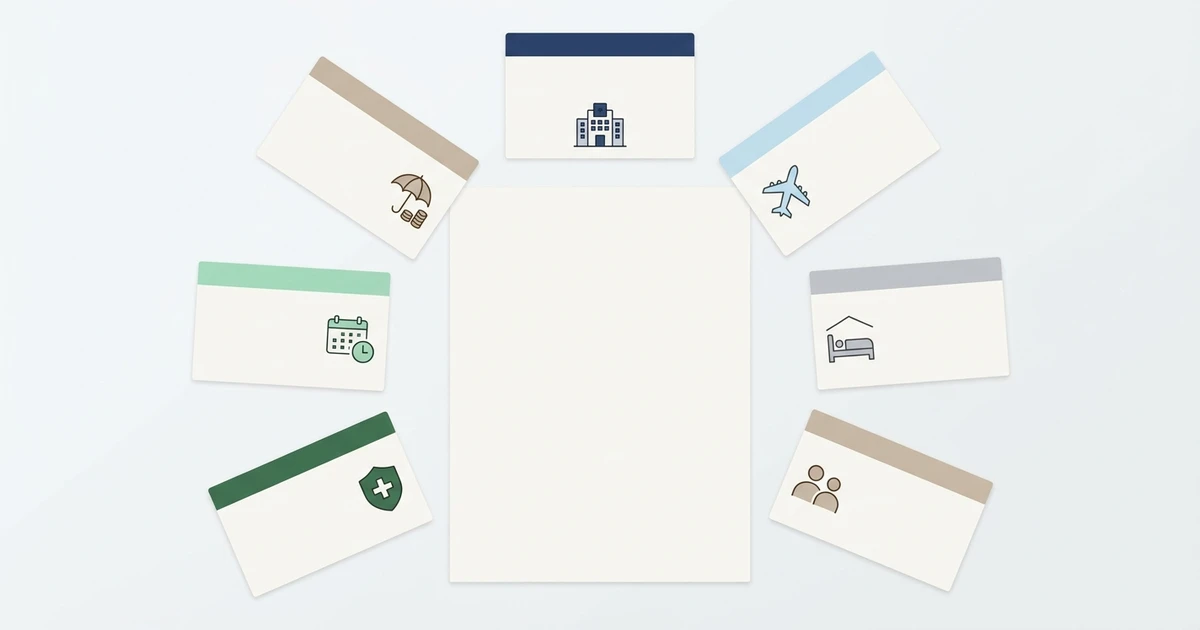 A text-free illustration of separate medical travel cost categories arranged around a blank planning worksheet.