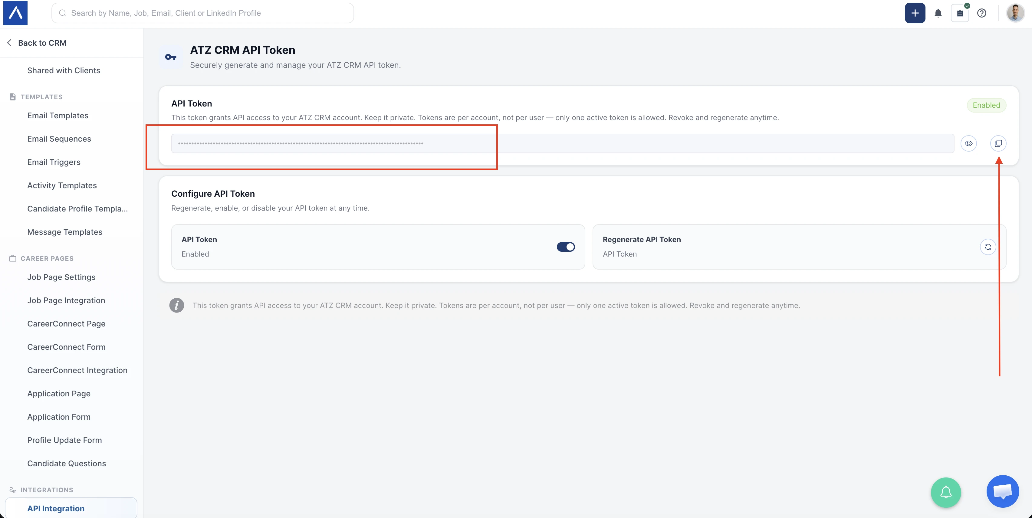 Copy ATZ CRM API token