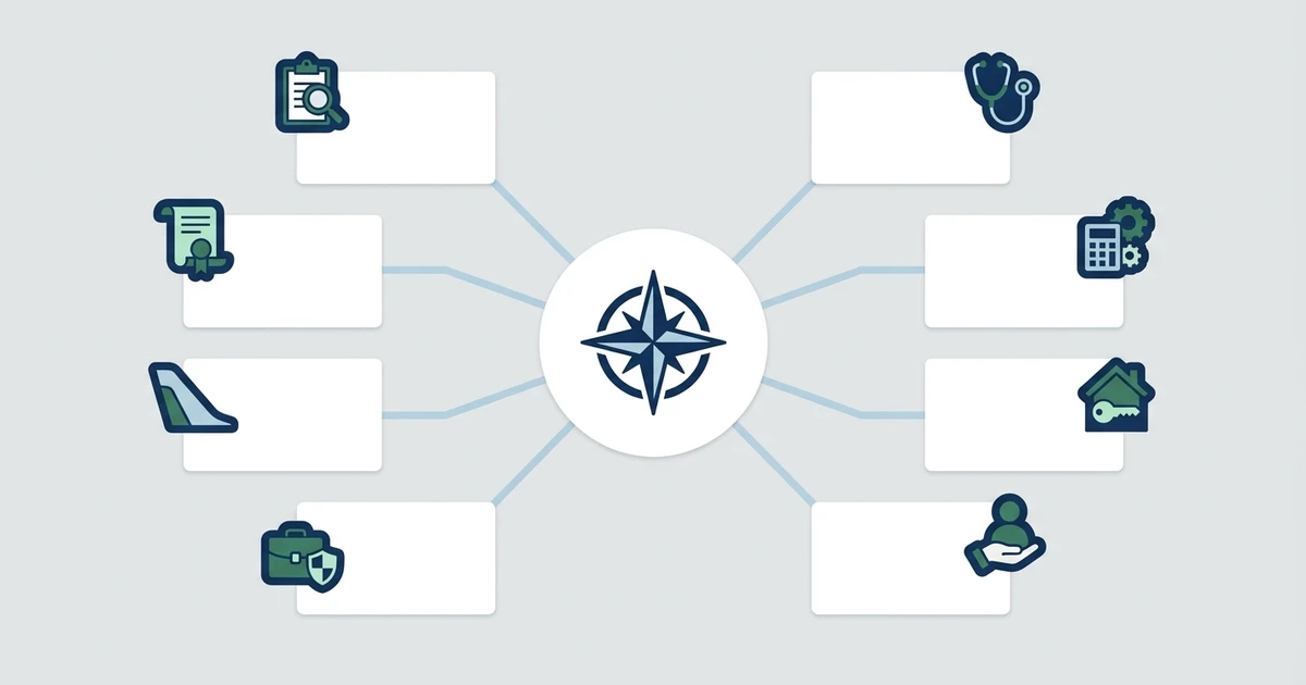 A blank owner-response board connecting generic hospital, lodging, caregiver, insurer, airline, and official-document roles.