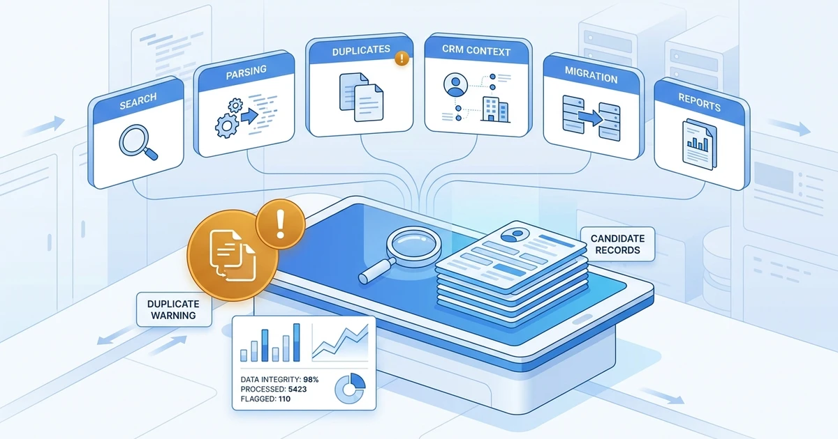 "Search", "Parsing", "Duplicates", "CRM Context", "Migration", "Reports"