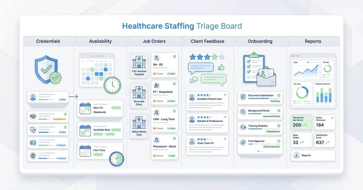 "Credentials", "Availability", "Job Orders", "Client Feedback", "Onboarding", "Reports"