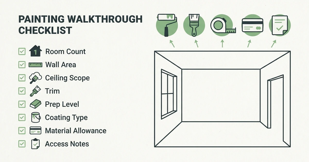 Room Count, Wall Area, Ceiling Scope, Trim, Prep Level, Coating Type, Material Allowance, Access Notes