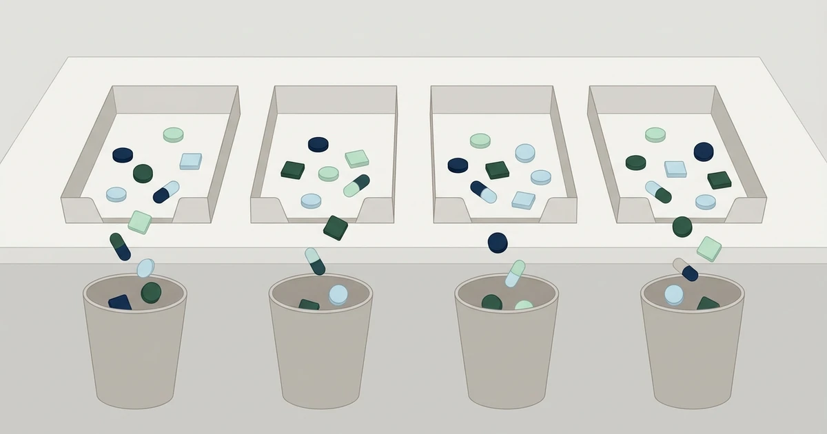 A text-free four-bucket package audit diagram using blank cards and neutral planning objects.