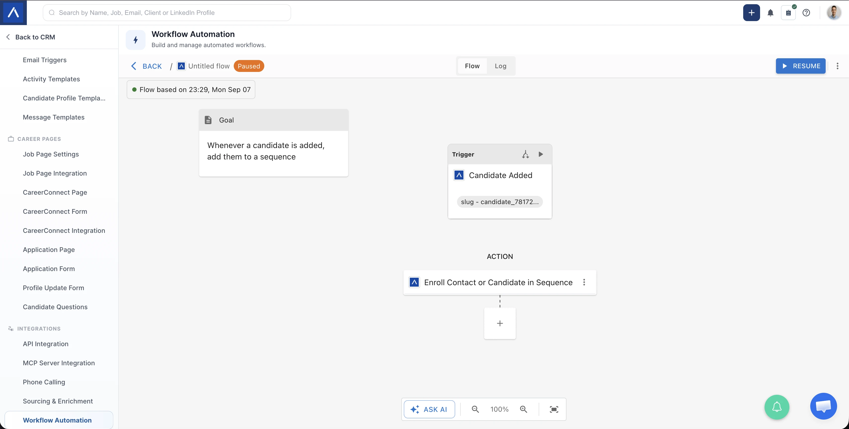 A workflow in ATZ CRM that enrolls a new candidate into a sequence automatically