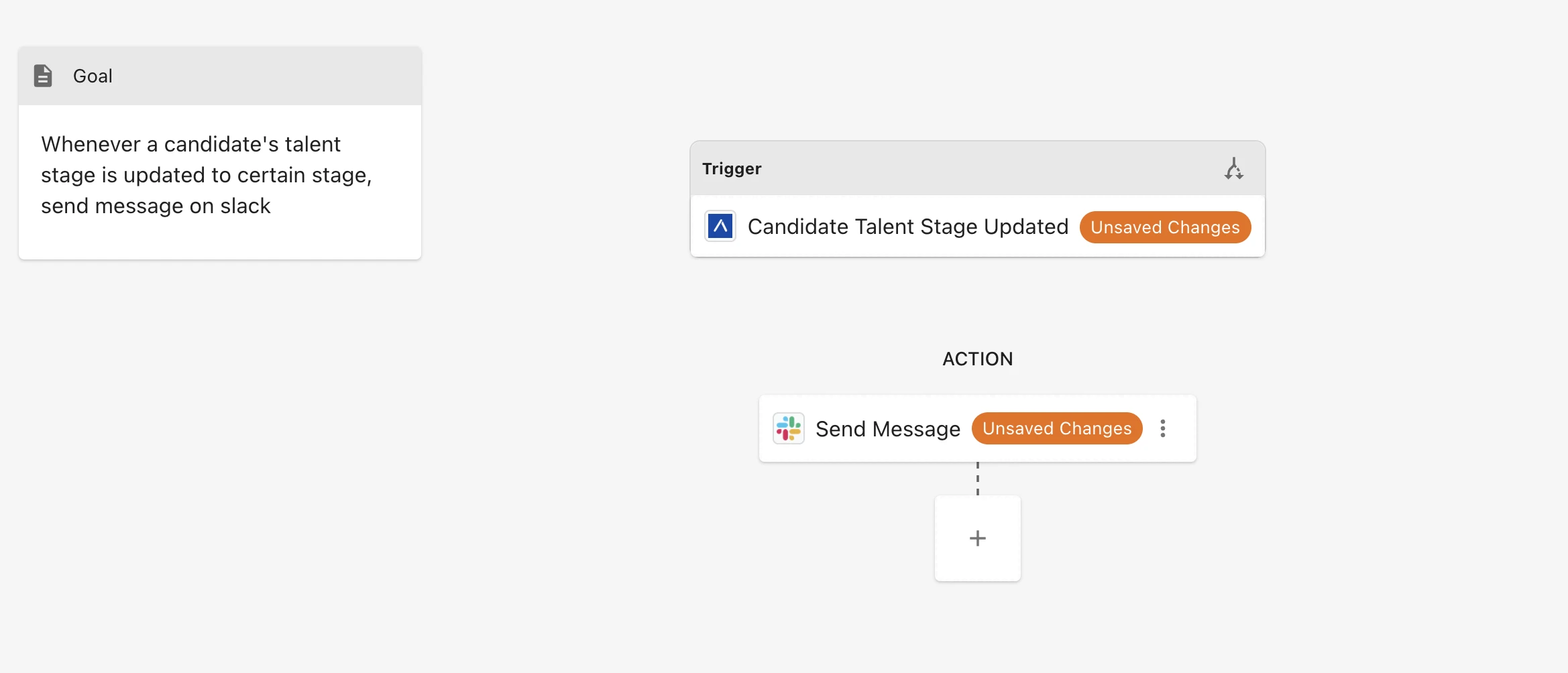 A workflow in ATZ CRM that sends a Slack message when a candidate talent stage is updated