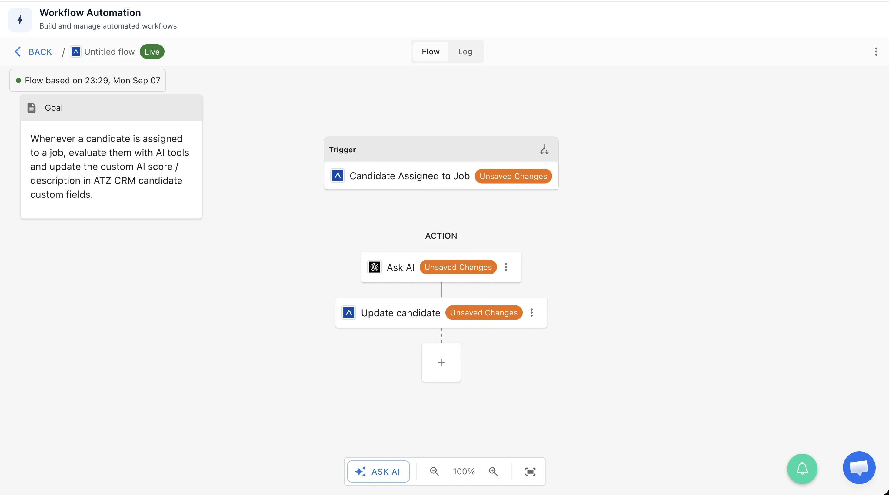 A workflow in ATZ CRM that asks AI to score a candidate for a job and updates the candidate record with the result