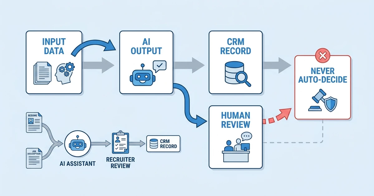 Input Data, AI Output, CRM Record, Human Review, Never Auto-Decide