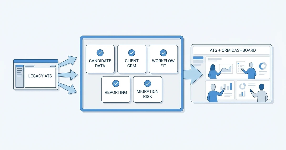 Candidate Data, Client CRM, Workflow Fit, Reporting, Migration Risk