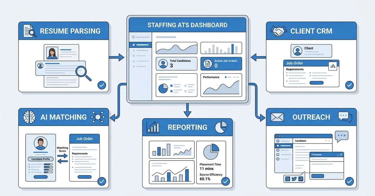 Resume Parsing, Client CRM, AI Matching, Outreach, Reporting