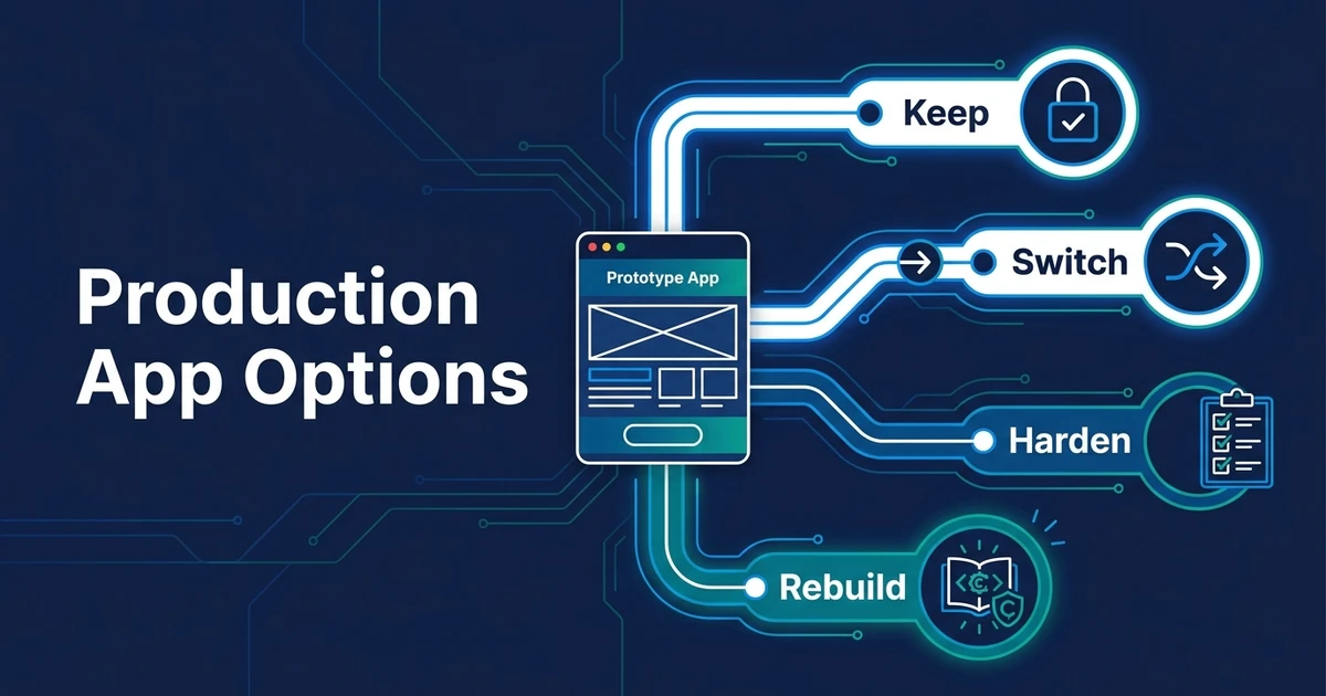 Compare four paths from an AI-built prototype to a production SaaS app, with checks for customer data, deployment, code ownership, and support after launch.